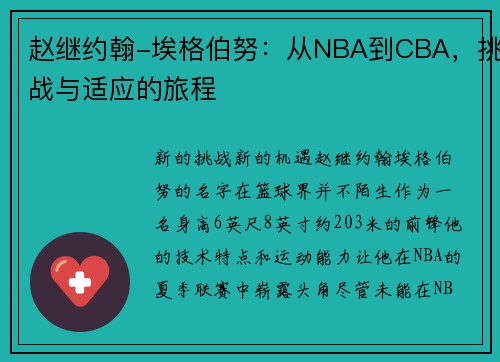 赵继约翰-埃格伯努：从NBA到CBA，挑战与适应的旅程