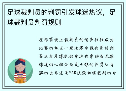 足球裁判员的判罚引发球迷热议，足球裁判员判罚规则