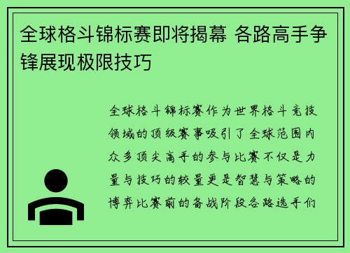 全球格斗锦标赛即将揭幕 各路高手争锋展现极限技巧